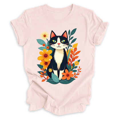 Tuxedo Cat Among Flowers Tee